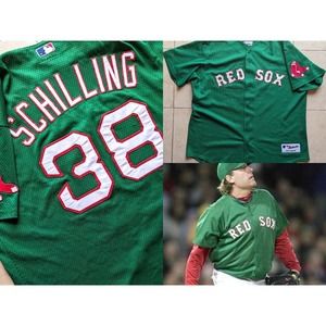 St Pats SCHILLING Boston Red Sox 2007 Majestic jersey XL GREEN Patrick MLB vtg
